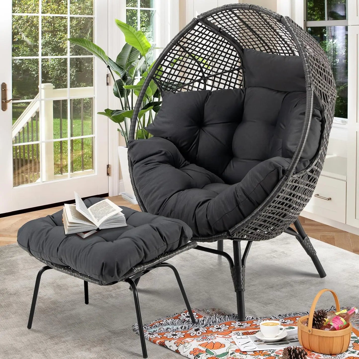 Egg Chair with Footrest - Wicker Patio Chair