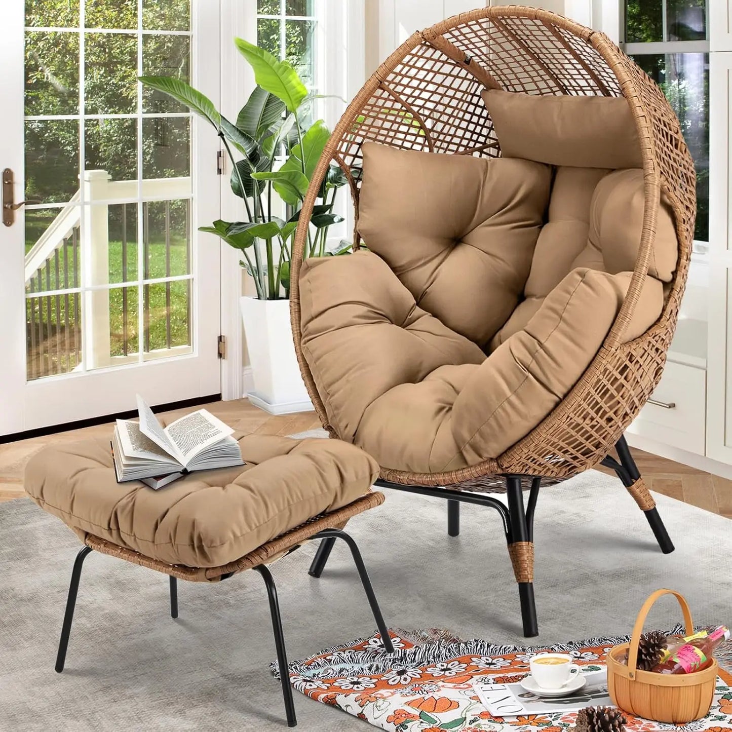 Egg Chair with Footrest - Wicker Patio Chair